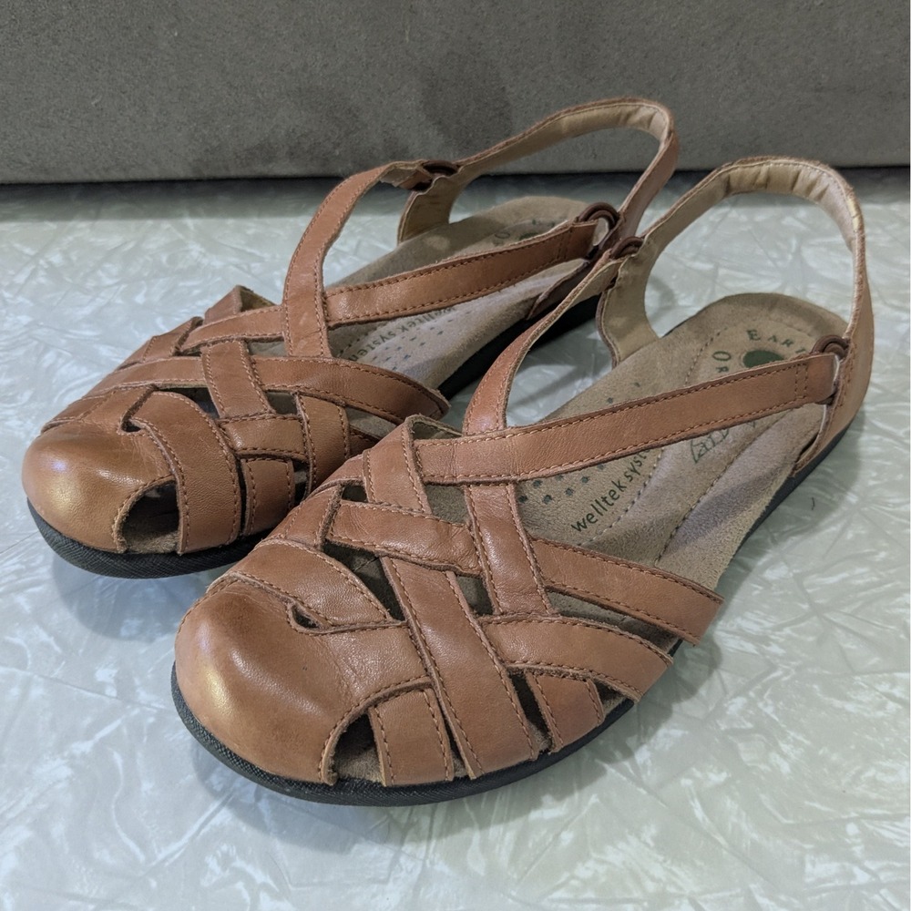 Earth Origins Berri 7.5 Brown Leather Woven Fisherman Slingback Sandals